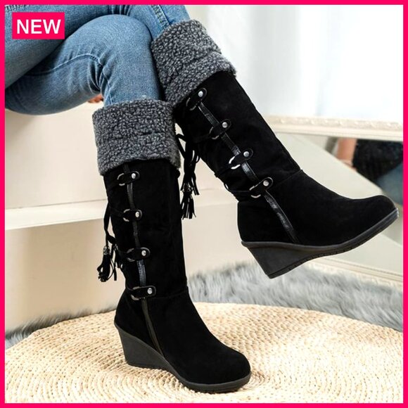 Women's Winter Wedge Knee High Snow Boots Fuzzy Collar Fur Lined Non-Slip - Picture 5 of 8